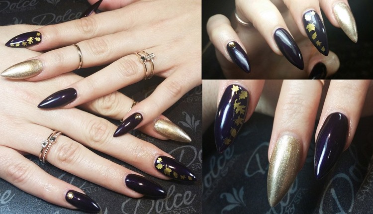 spetsiga naglar-stilett-spik-design-guld-aubergine-färg-extravagant
