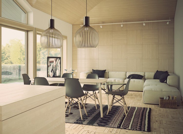 modern matsal ljus-trä-rektangulärt-matbord-svart-stolar