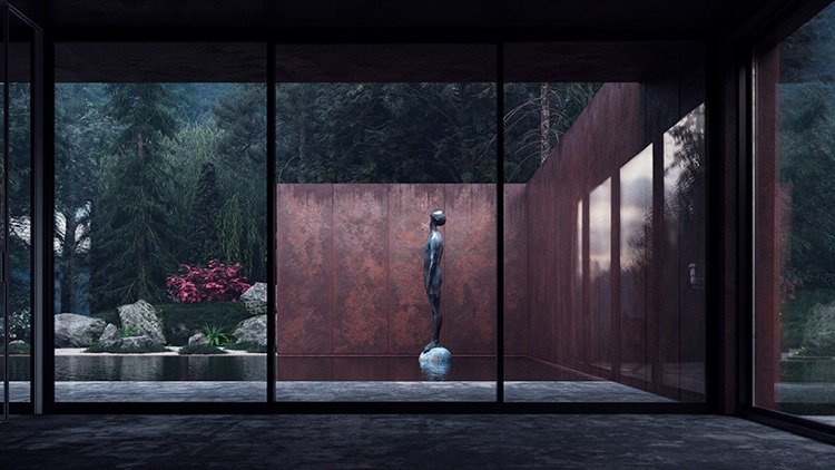 Fasad av stål-glas -betong-inre-fönster-trädgård