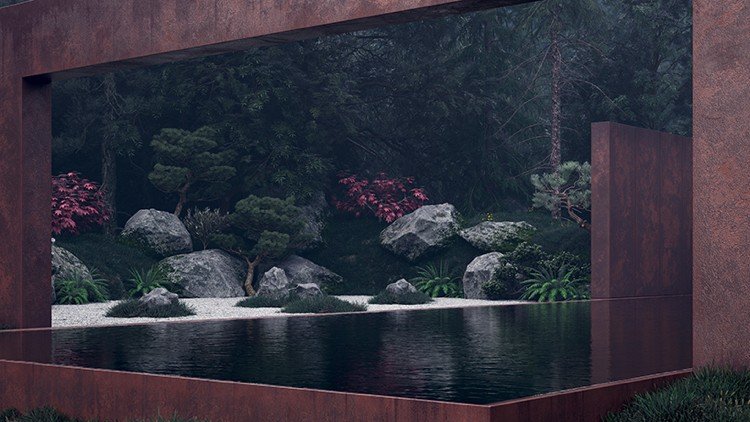 stål-glas-fasad-japansk-trädgård-modern-arkitektur