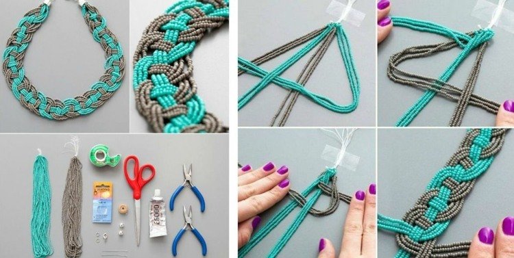 gör ditt eget uttalande halsband helt enkelt fläta turkosgrå pärlhalsband