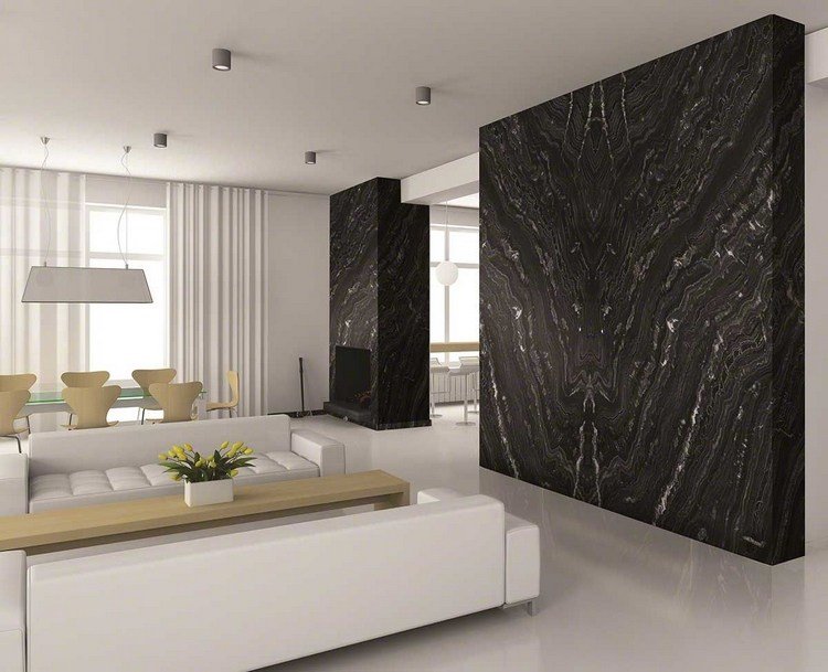 vägg accenter av svart granit i det vitt designade vardagsrummet