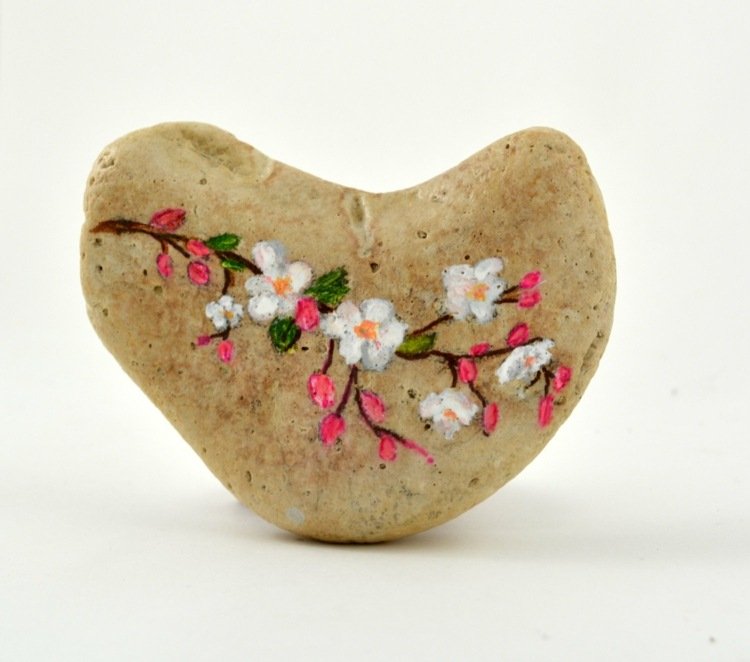 målning stenar naturmaterial hantverk idé kvist blommar körsbär