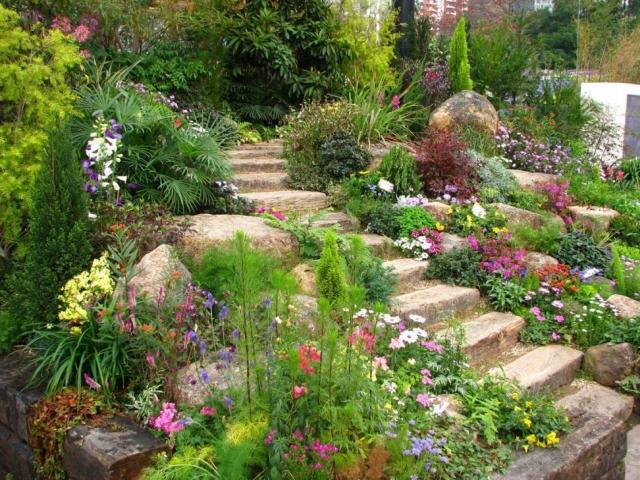 trädgård sluttning sten trappor stenar perenner växter