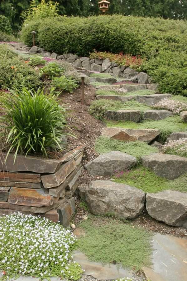 sten trädgård trappor markskydd häckar designidéer