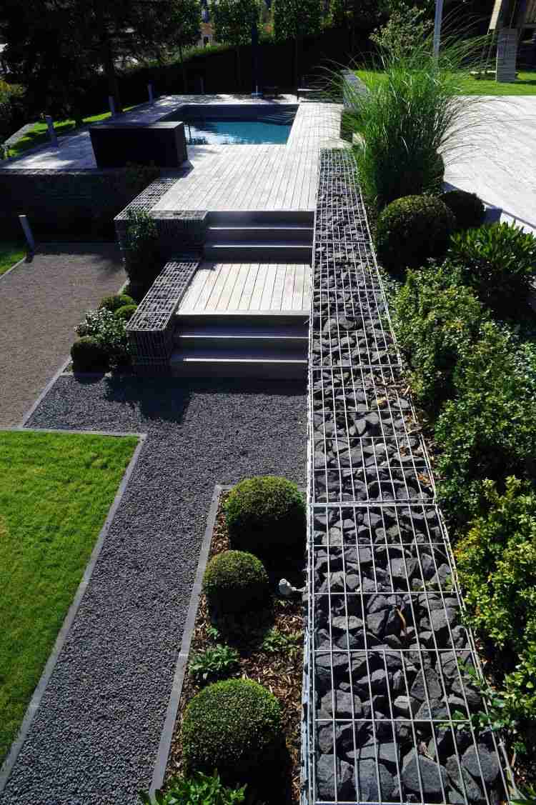 stenmur trädgård design idéer väggsystem trädgård område gabion vägg hardscape pool gräsmatta sten