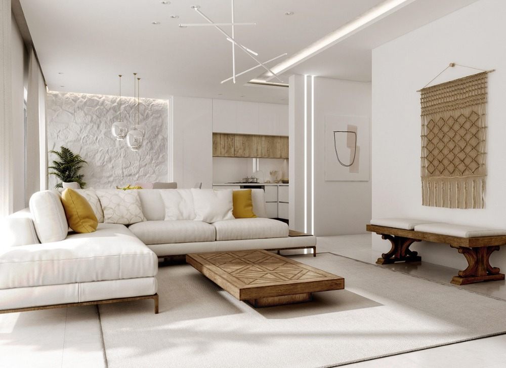 minimalistisk design i vardagsrummet i retrostil med vit stenmur och indirekt belysning