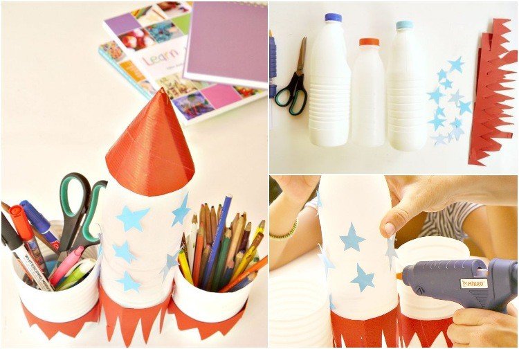 Gör din egen pennhållare för barnraket av plastflaskor