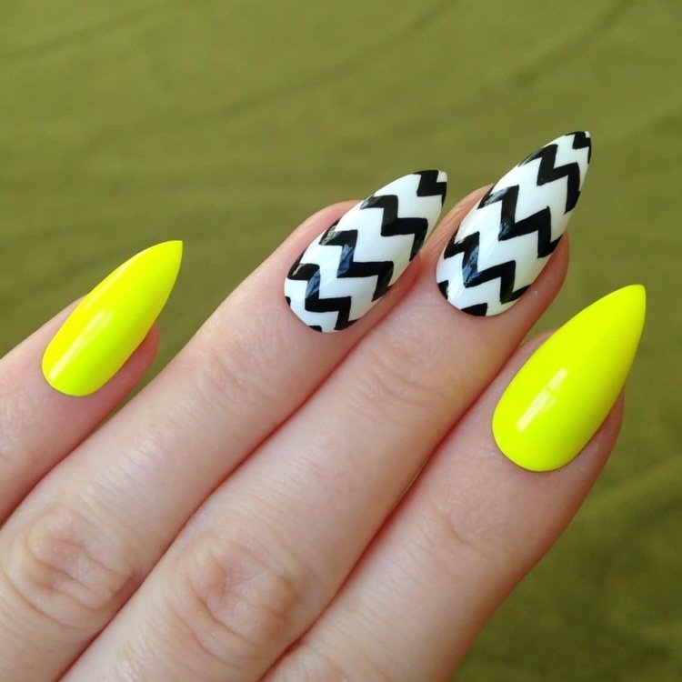 stilett-naglar-våg-mönster-vit-svart-neon-gul-naturligt spetsig