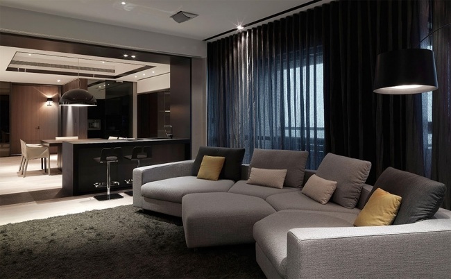 Loft space modulära soffa-grå kök taklampor
