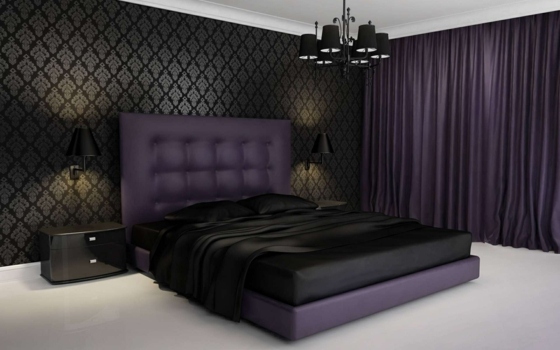 Läder-säng-med-hög-säng-del-i-lila-svart-tapeter-lyxig-design