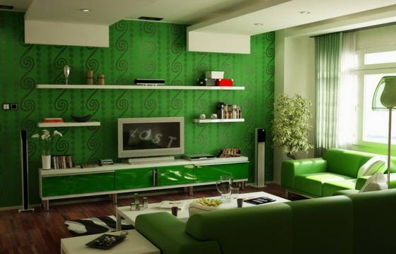 grön-tapet-abstrakt-konst-läder-soffa-och-fåtölj-vit-soffbord-och-nattduksbord