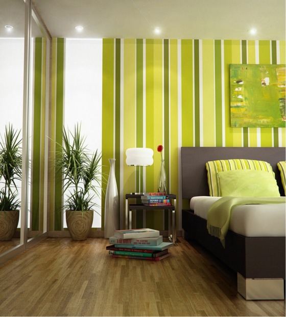 modern-sovrum-randig-tapet-i-grönt