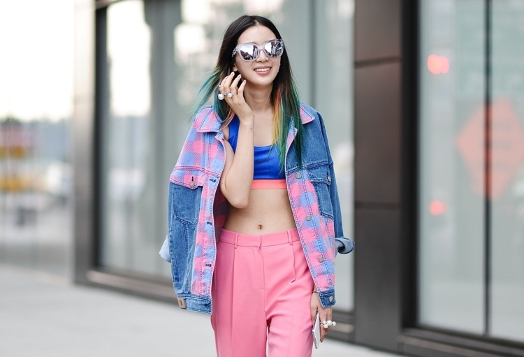 sportig street style mode rosa byxor jeansjacka sport -bh