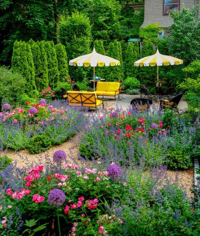 Sekretess skärm trädgård perenner gula utemöbler