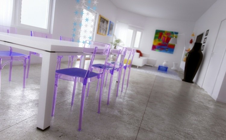 transparent stol lila färg vit matbord grå kakel stort format