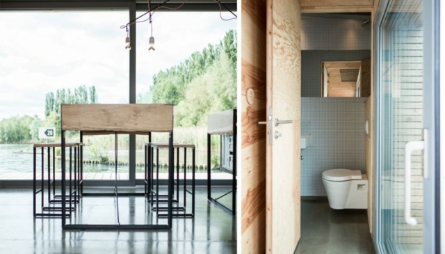 Toalett-med-mosai-kakel-trä-dörr-matbord-med-metall-ram