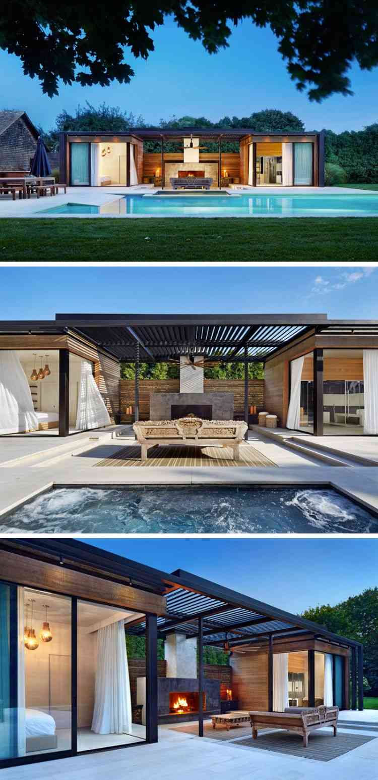 pool i trädgården modern design glas hus öppen spis