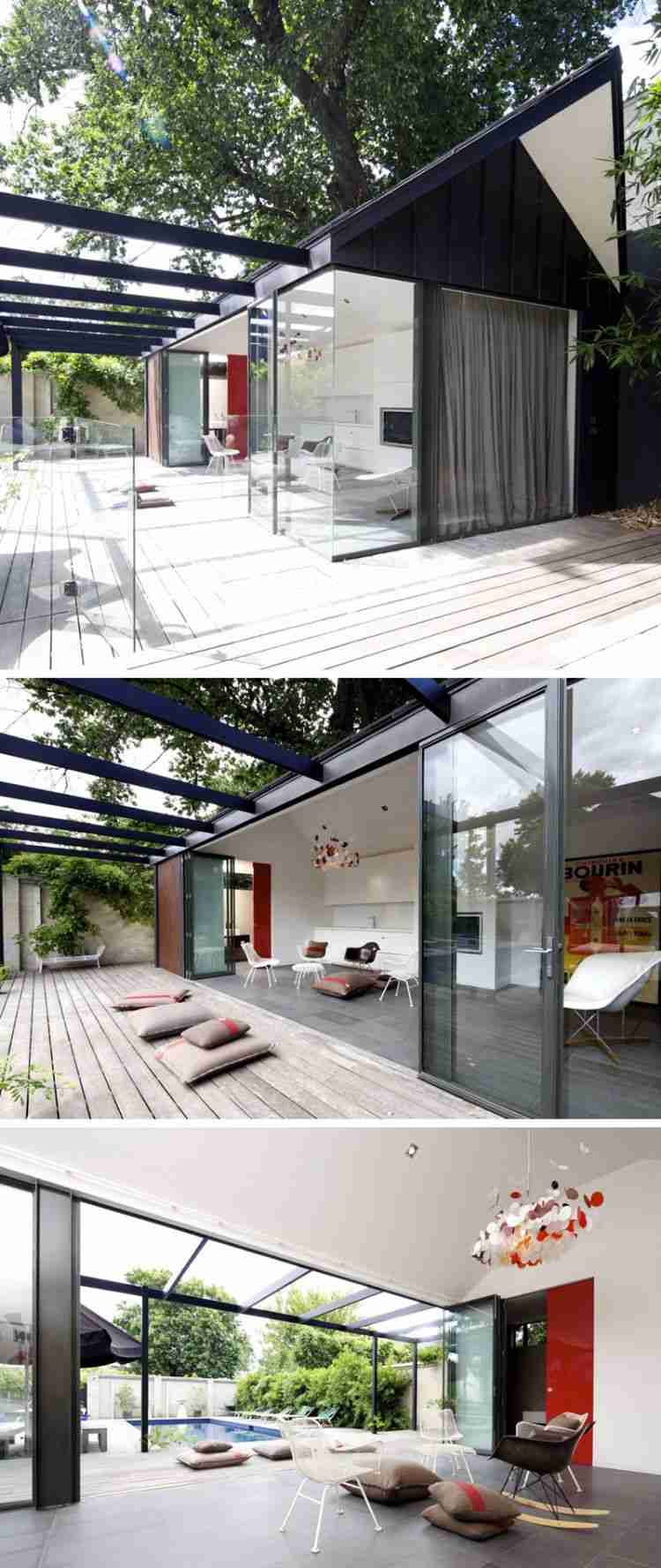 Simbassäng i trädgården modern design-glas-hus-svarta-pelare
