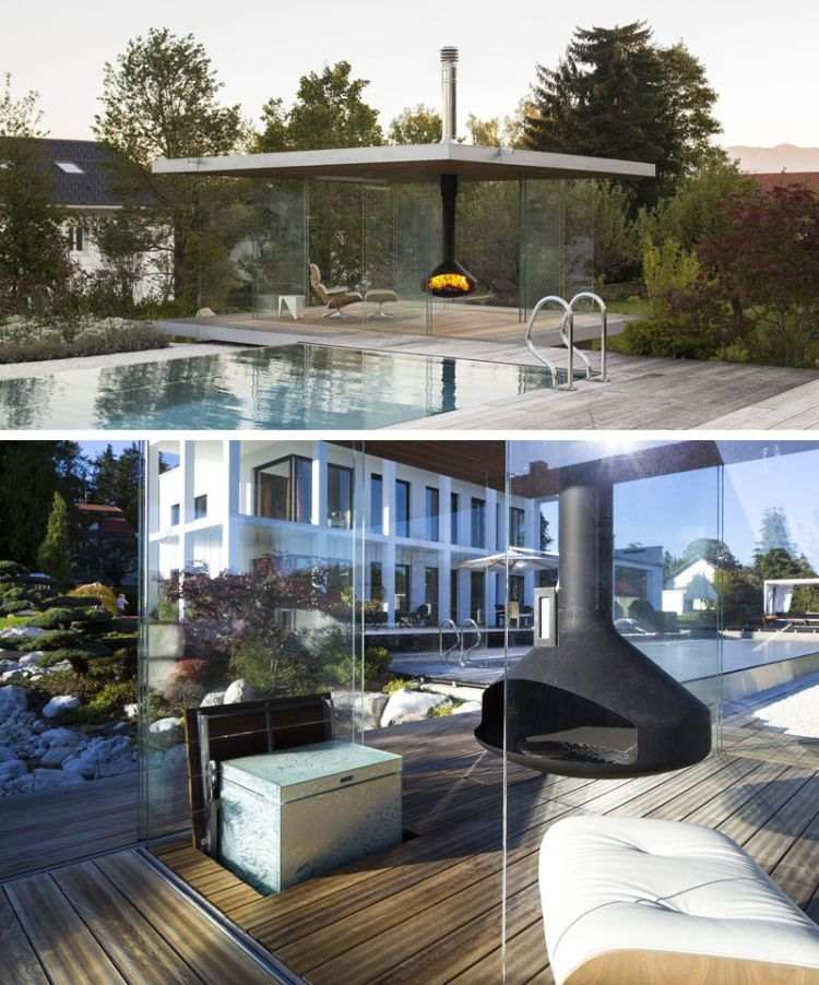 pool-i-trädgården-modern-design-glas-hus-svart-skorsten