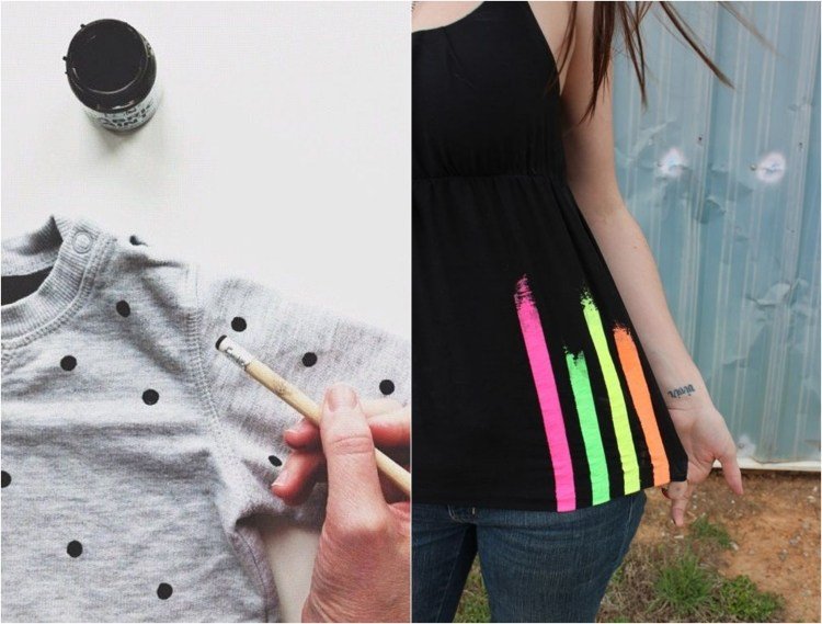 Måla T-shirten själv textilfärg-idéer-prickar-ränder-neonfärger
