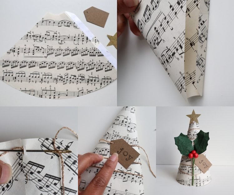 Gör ditt eget julgran av musikpapper, vik ihop kottar, dekorera hantverksidéer med barn till jul