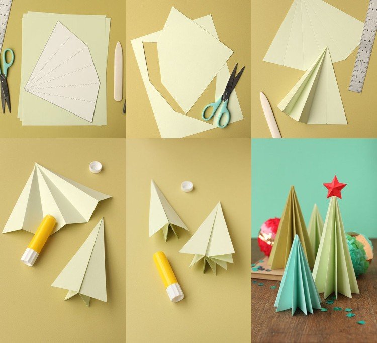 Vikande julgranspapper DIY -instruktioner från kartong för att vika ett mini -gran