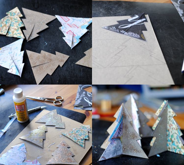 Tannenbaum papper tinker idéer med omslagspapper dekorera mini julgran till julbordet själv