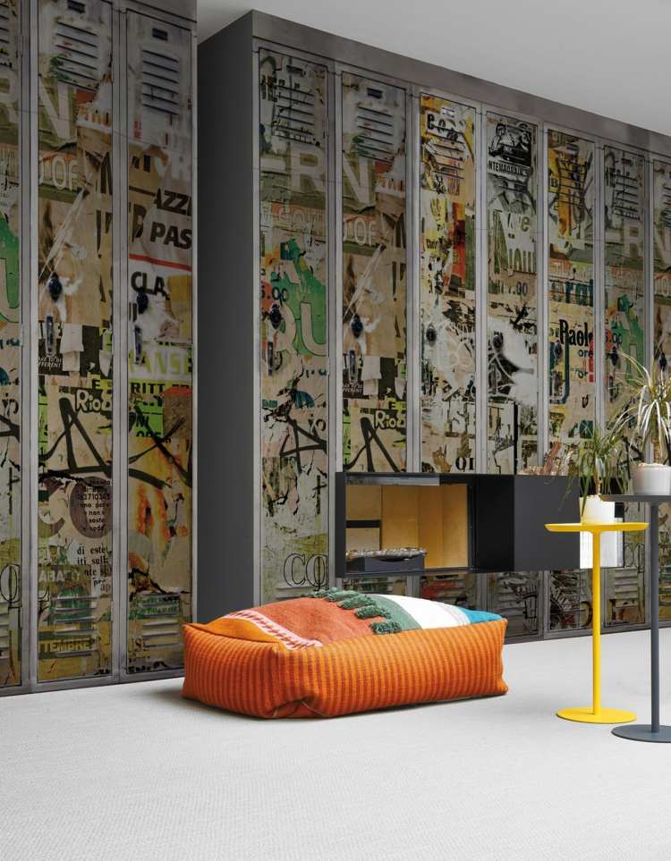 tapeter-vardagsrum-fritid-skåp-design-metall-bilder-puff-gul-sidobord