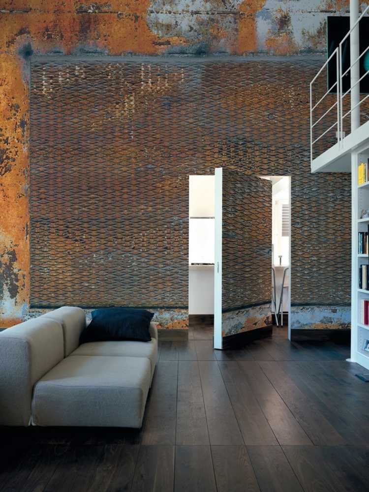 tapeter-vardagsrum-rostiga-grader-rost-färg-gitter-metall-loft-design