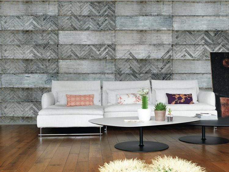 tapeter-vardagsrum-stav-trä-look-väggbeklädnad-grå-toner-soffbord-retro