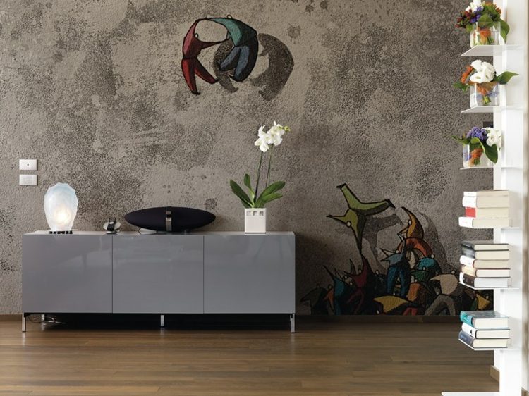 Tapeter i vardagsrummet aetherius-grå-skänk-moderna-motiv-färgglada-hylla