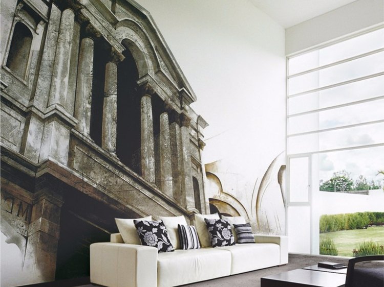 tapeter-vardagsrum-roma-byggnad-romerska-minimalistiska-rum-soffa-kasta kuddar