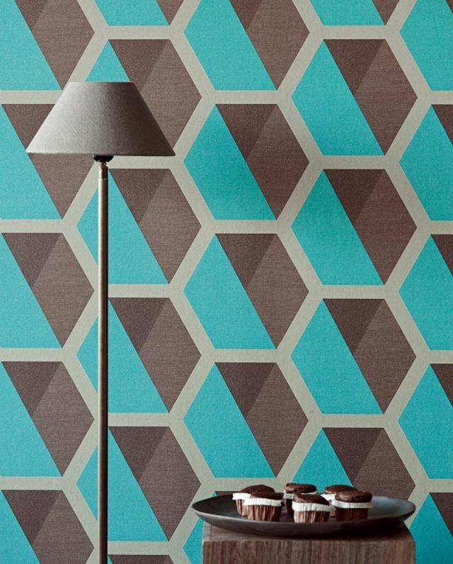 Texturerad-tapeter-matt-turkos-brun-sexkant-mönster-3d-look-hirolanit