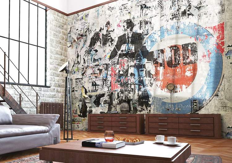 Bakgrundsbilder för vardagsrum fancy street art blå röd gammal look industriell chic glamora