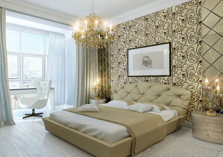Tapeter i sovrummet -designidéer-barock-vitt-ljus-guld-mönster-modern-ljuskrona