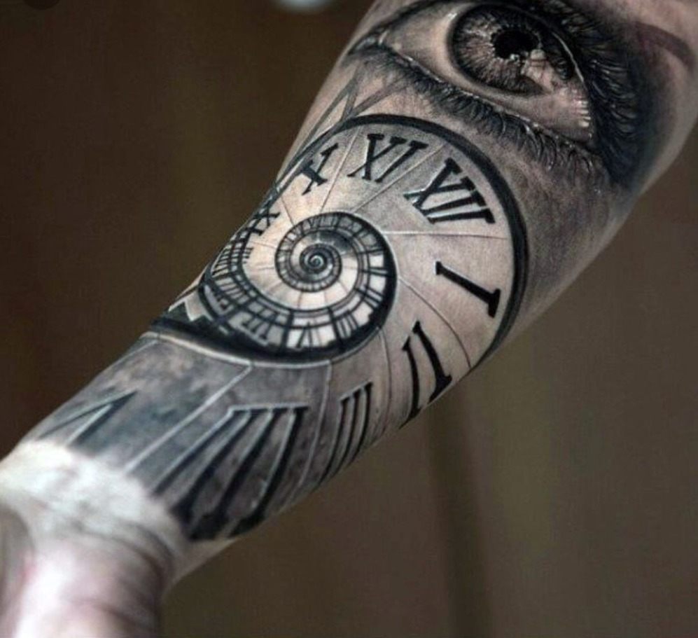 insida underarmstatuering med romerska siffror klocka och öga som en cool tatueringsarmman
