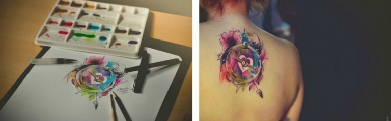 tatuering bilder och idéer kompass skiss färgad akvarell design
