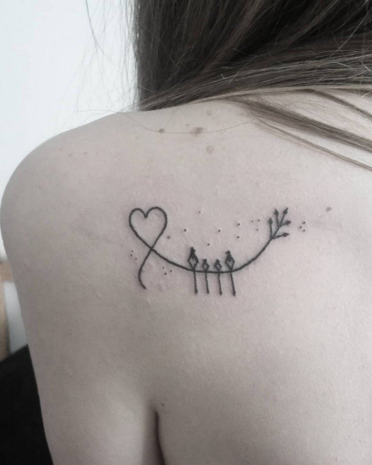 tatuering familj fåglar på tråd hjärta dotwork