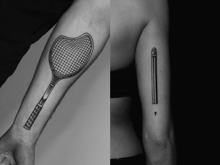 tatueringsmotiv kalv-överarm tennisracket penna