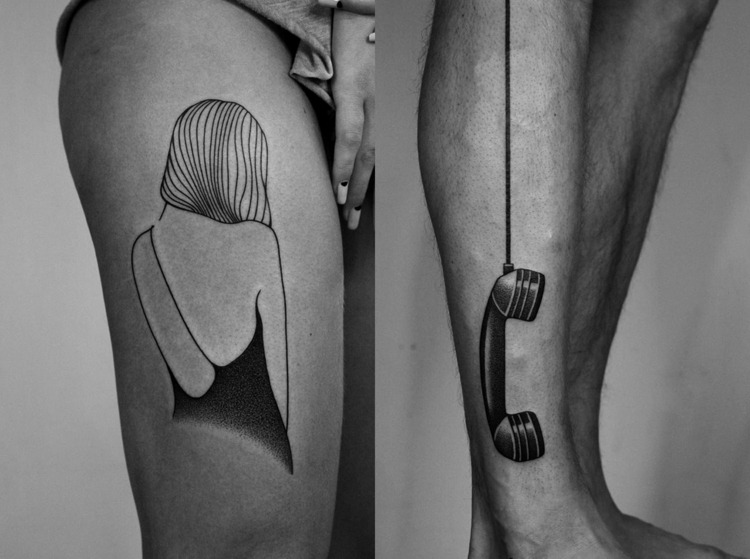 tatueringsmotiv-surrealistisk-kvinna-telefon-hörsel-lår-underben