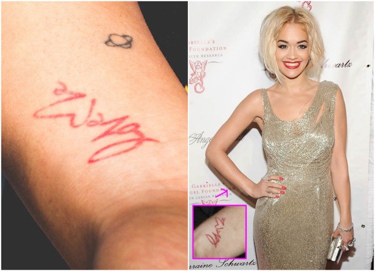 Tatueringstrender 2019 rött bläck Rita Ora handledsteckensnitt