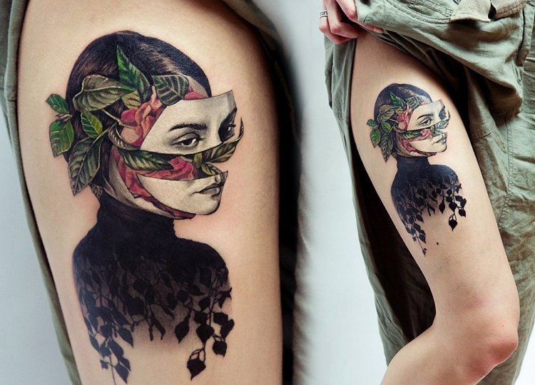 Ny skola tatuering stil trend futuristiska färgglada ben kvinna