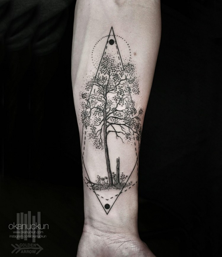 tatueringar med surrealistiskt designmotiv tree dots geometri