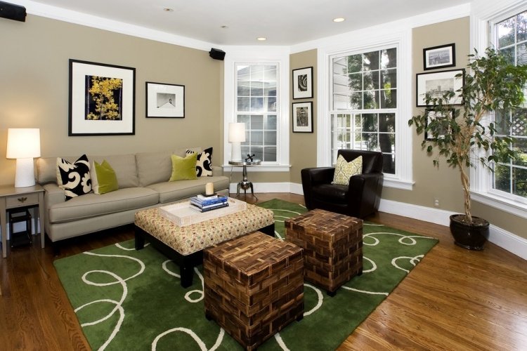 taupe-vägg-målar-vardagsrum-trägolv-grön-matta