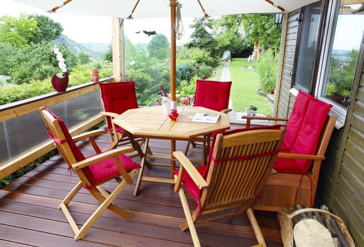Trädgårdsmöbler i teak matsalmöbler-röd sittdyna-solskydd