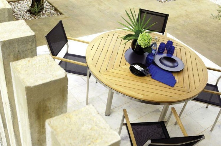 Teak trädgårdsmöbler idéer moderna runda bord av rostfritt stål ben