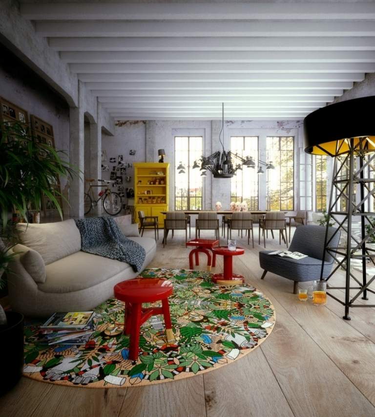 matt-design-färgrik-rund-modern-soffa-fåtölj-pall-nästa-bord-röd golvbräda
