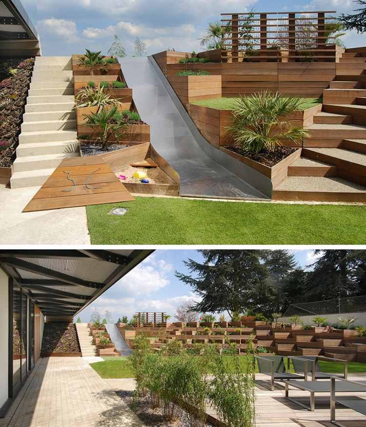 terrass på sluttningen metall-glid-steg-trä-design