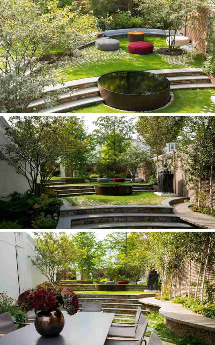 terrass-sluttning-rund-säng-liten-trädgård-design-träd